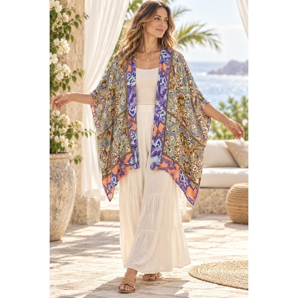 LOFT Kimono Wrap Floral Boho Print Purple Women M/L Bohemian Layer Beachy Resort